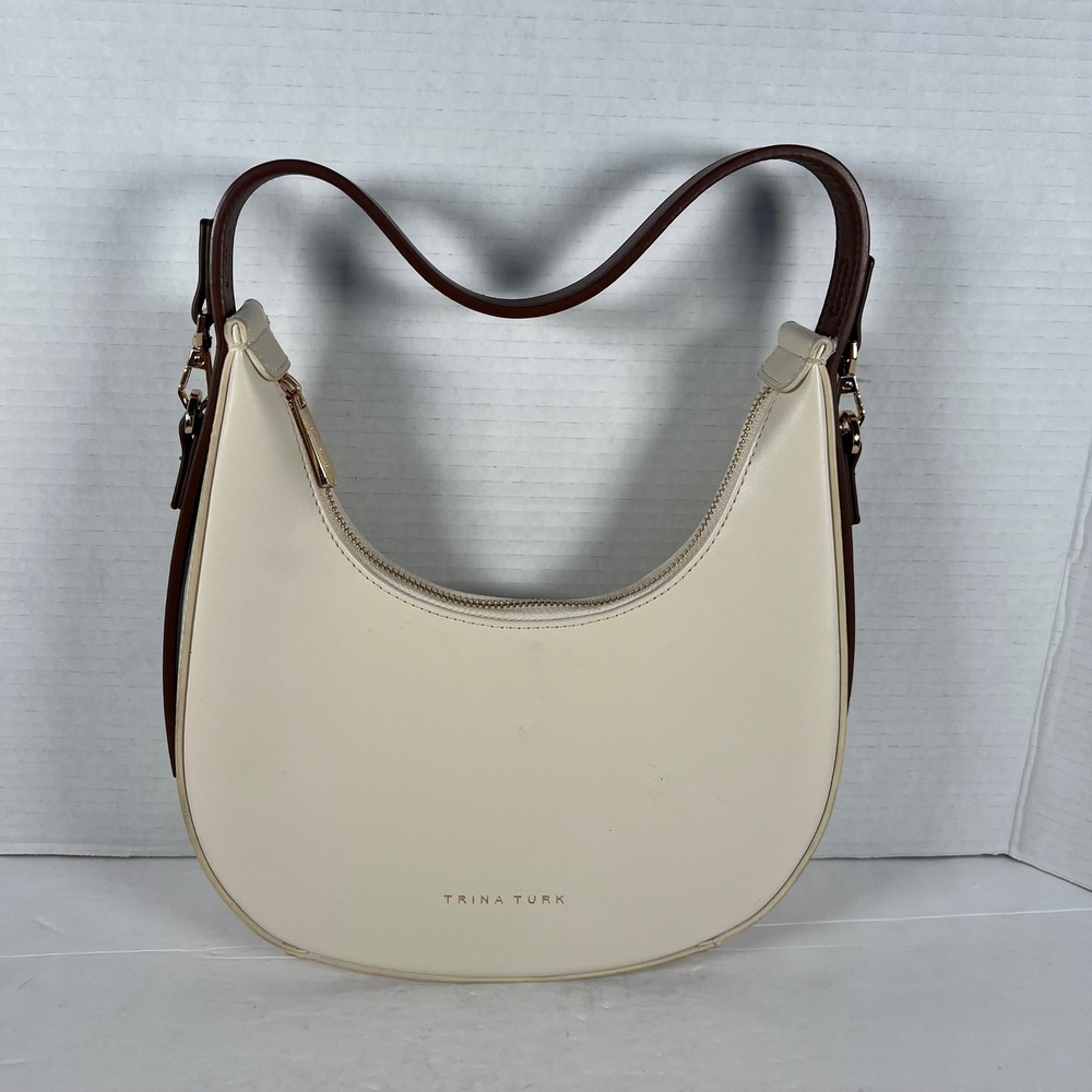 Trina Turk Cream Brown Faux Leather Crescent Hobo Shoulder Bag Pink Lining